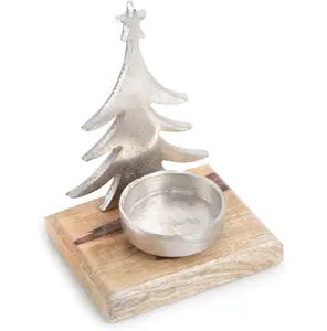 Castiçal de metal para árvore de Natal, luminária em T com base de madeira, decorativa para casa e Natal, suporte para luz de chá