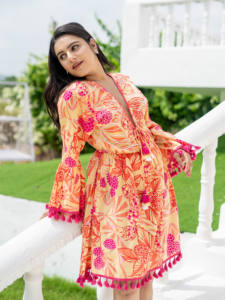 Robe mini bohème orange à fleurs pour femmes, ourlet à glands, robe d'été en coton, tenue élégante pour les fêtes, les voyages et les occasions décontractées - Product Image 4