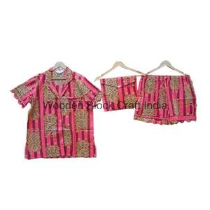 Hermosa tendencia India hecha a mano algodón Kangura pijama conjunto bloque de mano impreso Vintage corto ropa de noche para otoño 100% algodón - Product Image 1