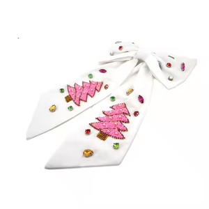 Christmas tree beaded embroidery <b>hair</b> <b>bows</b> with rhinestone details Cotton <b>Bow</b> From India Handmade <b>for</b> Women and Girls - Product Image 1