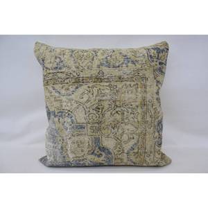Beige Toile Kantha Patchwork Wool Pillow 32x32 Inch Decorative <b>Cushion</b> with Vintage Embroidered Floral <b>Print</b> for Home or Sofa - Product Image 1