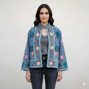 Jacket Velvet Suzani Embroidered Hand <b>Stitched</b> Floral Pattern Casual Style for Party Wear or Daily Use - Product Image 1