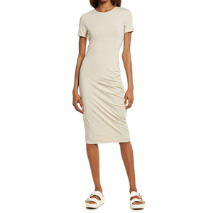 Proshah-Vestido camisero de poliéster suave Con manga corta para mujer, Vestido camisero de poliéster suave, corte regular, sin forro, color Beige - Product Image 1