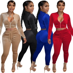 Ensemble deux pièces skinny assorti en velours pour femmes haut court à col zippé + pantalon à cordon de serrage survêtement fournisseur RTS en gros - Product Image 4