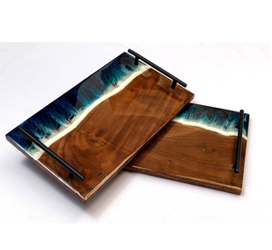 Plateau de service pour le petit-déjeuner en bois et résine, poignée en métal, plateaux de service en bois et résine rustiques, prix abordable - Product Image 5