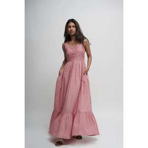 Vestido Largo de Verano para Mujer, Color Rosa, Manga Corta, con Volantes en el Cuerpo, Algodón Natural, Lavable, Estilo Casual para Vacaciones - Product Image 1