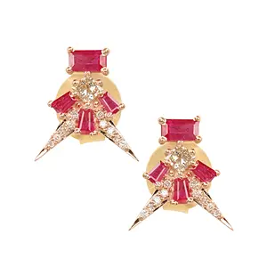 Best Selling 2024 Baguette Ruby Gemstone Designer Solid 18k Yellow Gold Stud Earrings Natural Pave Diamond Fine Jewelry Supplier