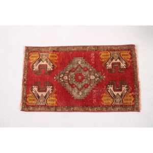 Turkish Small Rug 1.4x2.5 ft, Red <b>Yellow</b> Patchwork Rug <b>Wool</b> - Product Image 5