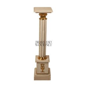 Pedestal de mármol beige clásico acanalado con capitel corintio romano de latón - Product Image 2
