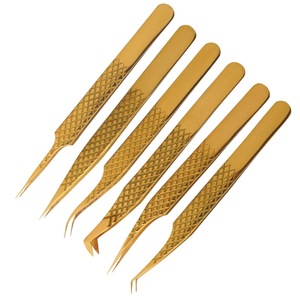 Pinzas de pestañas profesionales personalizadas de etiqueta privada Empuñaduras de diamante dorado para mujer Puntas de fibra de volumen recto Acero inoxidable - Product Image 5