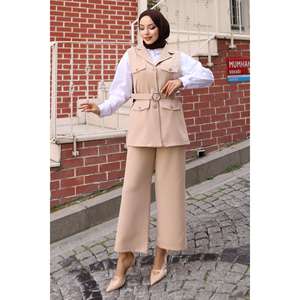 Conjunto Casual Beige de Chaleco Largo Detallado con Bolsillos y Pantalones Cortos de Verano MSW19249-5 de 2 Piezas: Top de Longitud Media y Pantalones Cortos hasta la Rodilla - Product Image 3