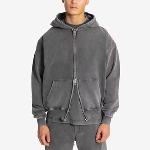 OEM ropa de calle personalizada 100 Sudadera con capucha de algodón bordado desgastado personalizado lavado ácido de los hombres Sun Faded Heavyweight Zip up Sudadera con capucha para los hombres - Product Image 1