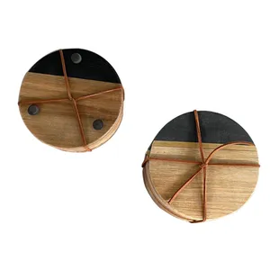 Posavasos de pizarra de madera redonda para bebidas superventas con correa de latón Posavasos de taza de té de madera de haya natural de forma redonda personalizada de lujo