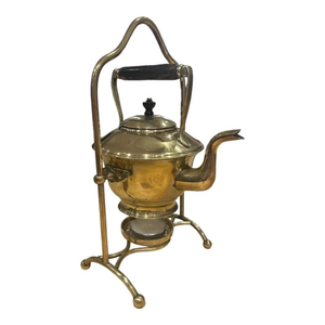 กาต้มน้ำทองเหลืองโบราณหรือหม้อชาบนขาตั้งพร้อมจานเตาของขวัญชาวินเทจ - Product Image 4