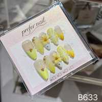 Ensemble de faux ongles en amande faits à la main B633, motifs floraux, citron et pois dorés, pour doigts
