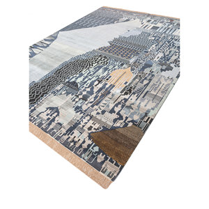 Tapis rectangulaire Manchaha bleu en laine et soie de bambou noué à la main 10 mm pour couloir et maison - Modèle Les-2679 Abstrait Fait main - Product Image 2