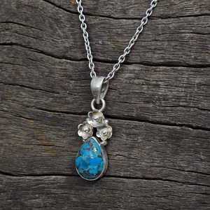 Tres pequeñas flores cobre turquesa plata colgante fiesta desgaste peso ligero plata colgante - Product Image 6