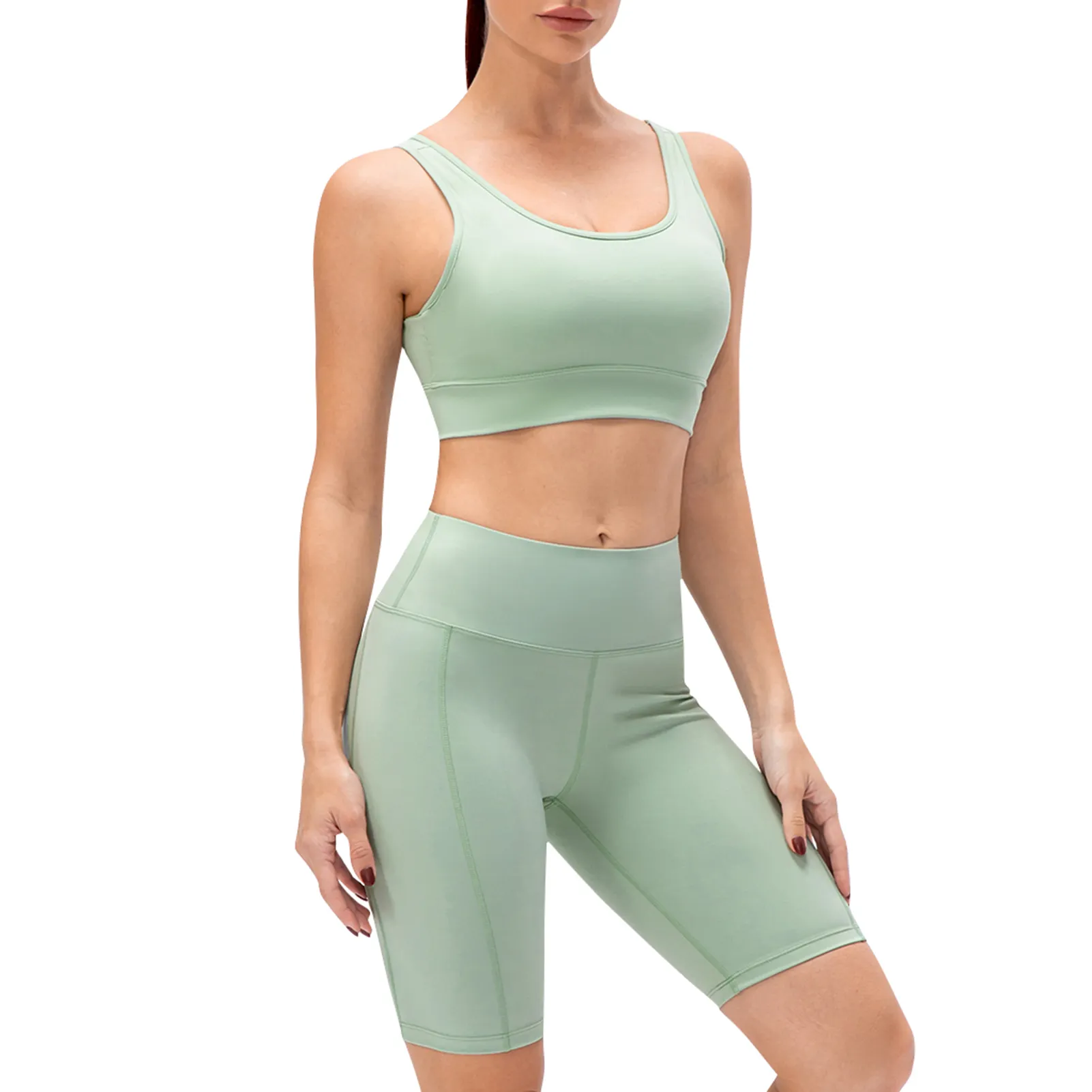 High Quality Adult workout fitness cloth gym top and short Women Yoga Bra Shorts Set Padded Strappy Back Wide Waistband Workout