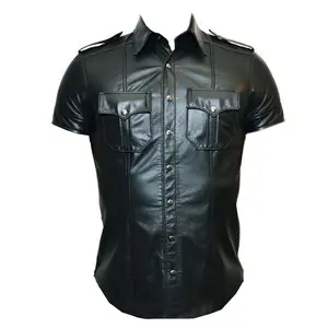Hakiki fetiş deri gömlek Fit gömlek kısa kollu düğme up Slim erkekler için özel tasarım siyah standı rahat çuha kumaş