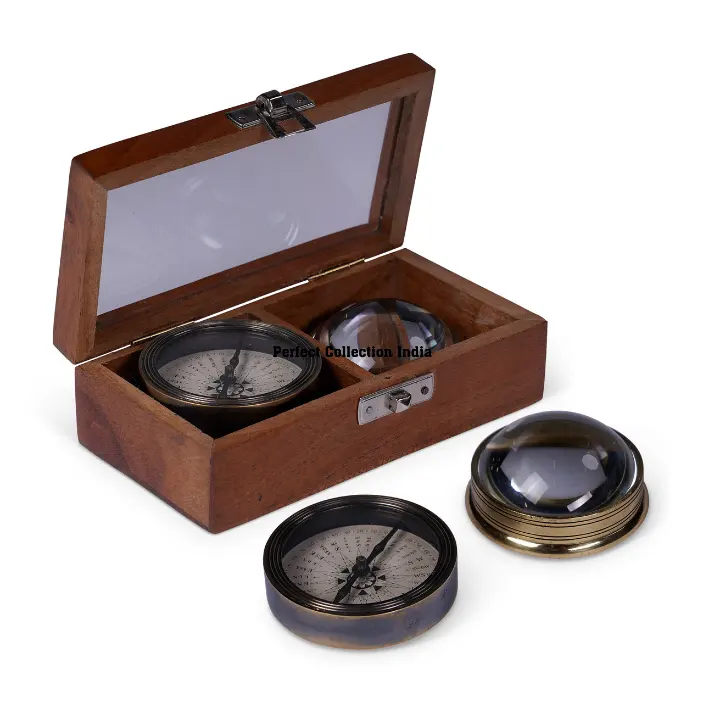 Marine Darwin Gift Box/Polaris Compass/Fish Eye Magnifier brass compass and magnifying glass with wooden box