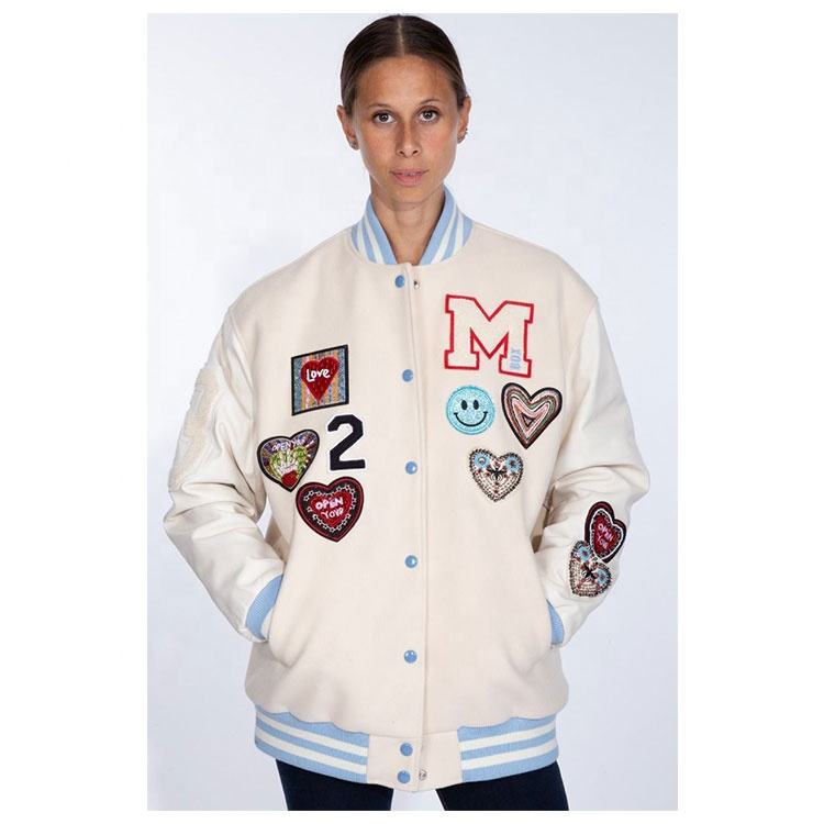 Custom Made American College Varsity Jacket With Blush-colored Wool Blend &amp; Leather Fabric With Chenille Decorative Patches 