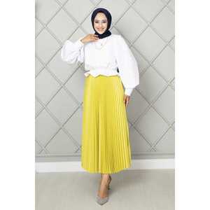 <b>Elastic</b> Waist Midi <b>Skirt</b> Fluorescent Yellow Satin and Spandex Breathable Soft with Pleats Digital Printed Plain Sweet Style - Product Image 1