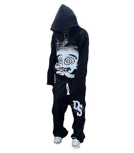 Customized Luxury Winter Digital Embroidery Streetwear <b>Men</b> <b>Black</b> 100% Cotton Fleece Oversized Y2K Graphic Hoodies Sweat Pants - Product Image 3