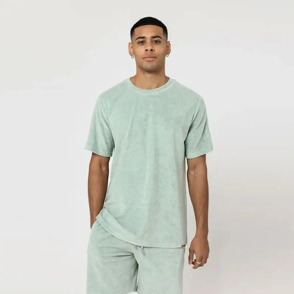 Pakaian Handuk Berkelanjutan Set Pria 100% Handuk Terry Katun Organik T Shirt dan Celana Pendek Ramah Lingkungan Set Celana Pendek Kain Terry
