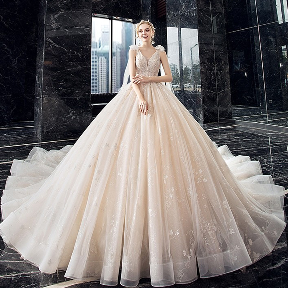 Supper Gorgeous Shiny Crystal Lace Ball Gown Wedding Dress