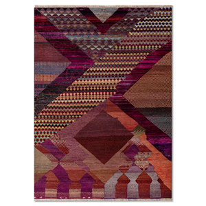 Manchaha Geometric Pattern Hand Knotted Wool & Bamboo <b>Silk</b> Rug <b>Red</b> & Orange-For Home Use Les-2750 - Product Image 1