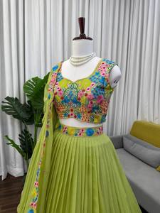 Modern Designer Pista <b>Green</b> Lehenga Choli for Women Multicolor Floral Embroidered Wedding Party Diwali Festive Wear - Product Image 3