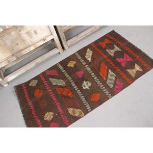 Turkish Vintage Small Rug 2.3x4.4 ft, Kilim <b>Brown</b> <b>Wool</b> Rug - Product Image 3