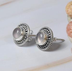 Boucle d'oreille en argent sterling 925 avec pierre précieuse ronde en quartz rose rose Stud fantaisie à la mode pour la fête et le mariage Bijoux en pierres précieuses taillées - Product Image 3