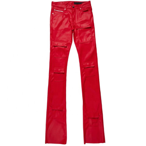 Pantalones de lona elásticos ajustados de cuero PU, pantalones de Moto de hombre rojo con ropa de calle de cintura media, pantalones de chándal acampanados apilados finos - Product Image 1