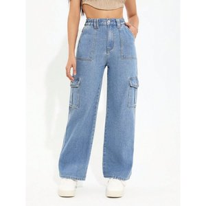 Pantalon cargo en jean stretch écologique de luxe taille haute Y2K bleu glace pour femme, multipoches, coupe droite, style décontracté urbain - Product Image 1