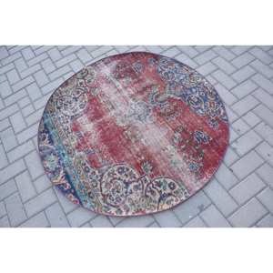 พรมตุรกีโบราณพื้นที่ขนาดใหญ่4.2 x 4.2ft สีแดงสีน้ำเงินวัสดุขนสัตว์ด้านหลังสำหรับวัยรุ่นห้องรับประทานอาหารทรงรีเป็นมิตรกับสิ่งแวดล้อม - Product Image 2