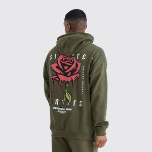 FREEZY APPAREL Ensemble de survêtement pour homme vert olive à capuche en polyester/coton avec broderie rose, pantalon de survêtement décontracté et sweat-shirt long - Product Image 4