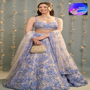 Lehenga Choli bordado con lentejuelas florales 3D azul elegante con Dupatta neto para bodas, compromisos y celebraciones festivas - Product Image 1