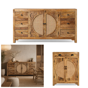 Gabinete de almacenamiento de madera maciza de mango MKJ |   Muebles de Salón de Estilo Japandi de Mediados de Siglo |   Puertas Corredizas de Ratán Talladas a Mano, 2 Unidades - Product Image 3