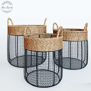 Factory Wholesale Set of 3 Black Iron Wire Cage Basket with Seagrass Handle for Organizing Decoration Home Living Room Balcony
