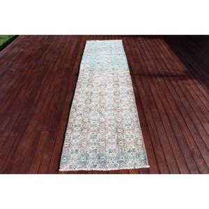 พรมตุรกีวินเทจขนาด 2.8x10.9 ฟุต, พรมปูพื้น, พรมขนสัตว์สีน้ำเงิน - Product Image 1