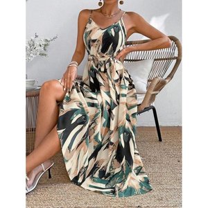 Robe longue à bretelles et col en V pour femme, ceinturée, à motifs, modèle Supreme, 36419 - Beige - Product Image 1