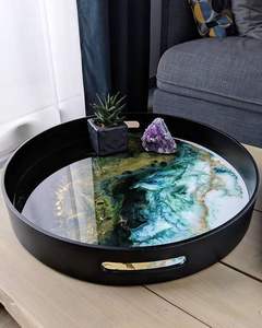 Epoxy Resin Serving Tray Metal Round Platter Coffee Table Food Storage <b>Organizer</b> Kitchen Home Restaurant Hotel Dishes Handle Set - Product Image 1