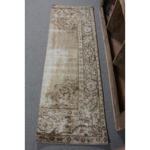 Tapis turc Vintage Beige traditionnel 2x6 pieds Patchwork motif laine Faux lapin fourrure Latex pour décorations de couloir de salon - Product Image 1