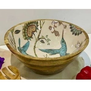 Ensemble de 4 bols de service en bois émaillé imprimé pour salade de fruits, service de soupe, usage hôtelier et de restauration, usage hôtelier et de station balnéaire - Product Image 4