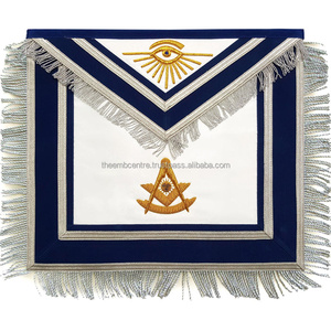 Tablier de loge maçonnique personnalisé en gros Past Master Blue Lodge-or brodé à la main avec frange argentée - Product Image 1