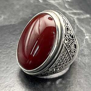 Handmade Vintage Oval Statement <b>Ring</b> for <b>Men</b> Bold Agate Gemstone Jewelry <b>Silver</b> Red Color Unique Fashion Accessory Gift for Him - Product Image 1