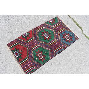 Tapis turc, petit tapis vintage 2,1x3,7 pieds, tapis Kilim patchwork rouge et bleu - Product Image 2