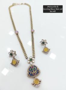 Moissanite Carving Glass Stone <b>Necklace</b> <b>Set</b> with Earrings Enamel Floral Design <b>Bridal</b> Festive Jewelry - Product Image 3