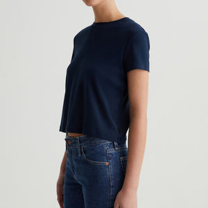 OEM Vintage Crop Crewneck camiseta Material de algodón mezcla Rib Knit tela de manga corta todos los días Top Anti-Pilling camiseta Mujer - Product Image 4